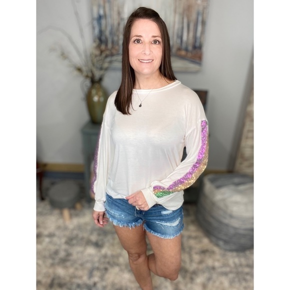 Mardi Gras Striped Sequined Color Block Long Sleeve Purple Green Gold Ivory 0522 - Picture 4 of 10